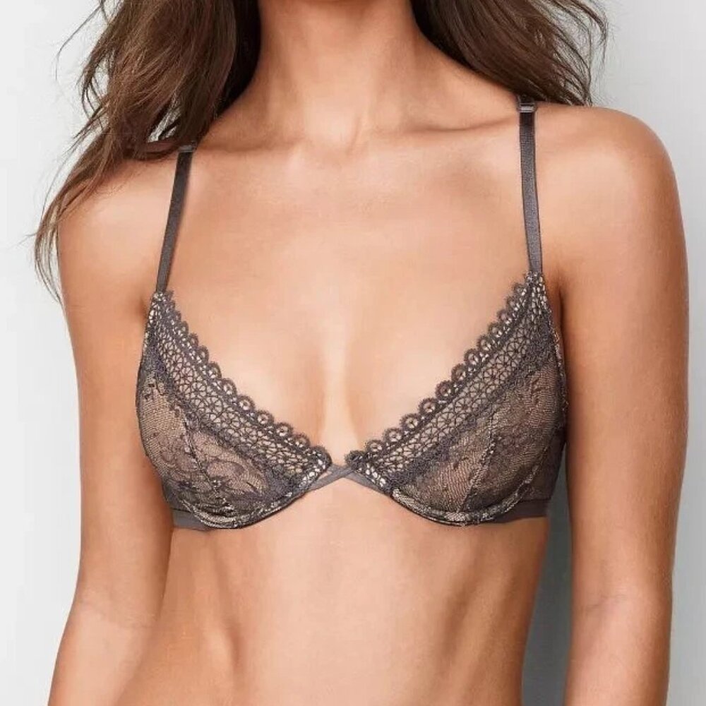 Victoria's Secret VS Gray Nude Lace Unlined Plunge Racerback Bra 34D